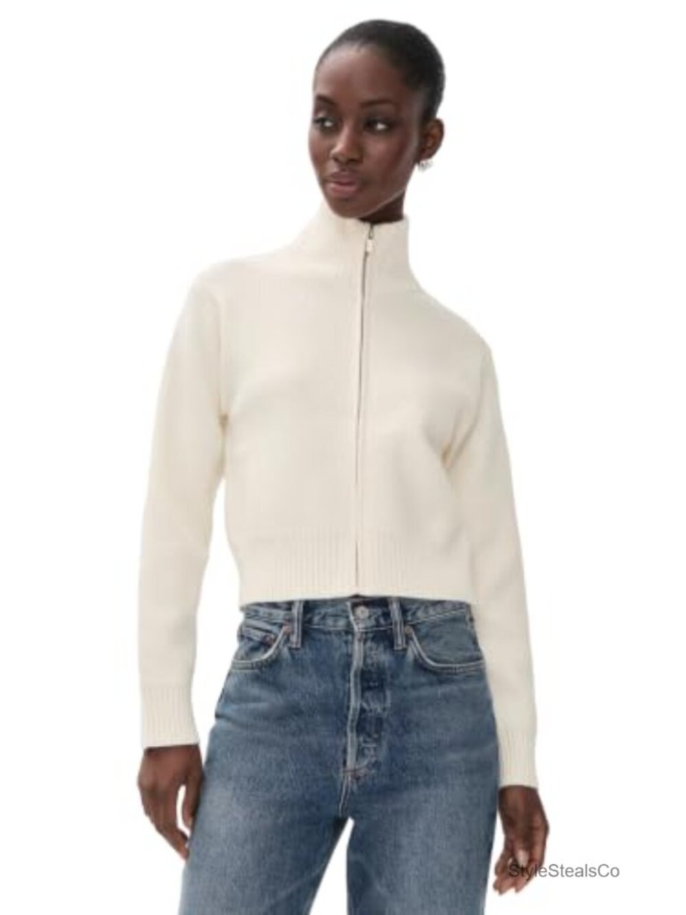 Zip-Up Funnel Neck Knit Jacket Acrylic Nylon Blend Casual Layer